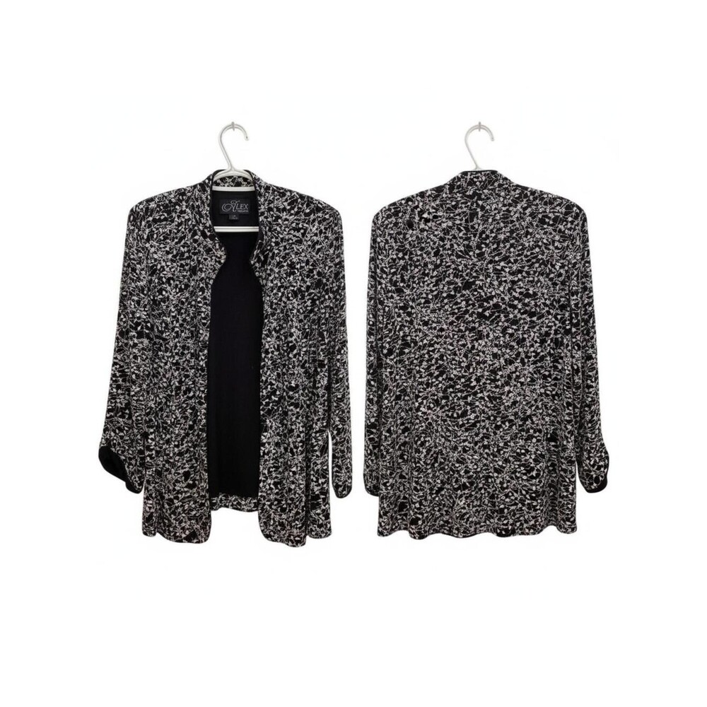 Alex Evenings Floral Open Front Jacket Party Occasion Top Black White 1X